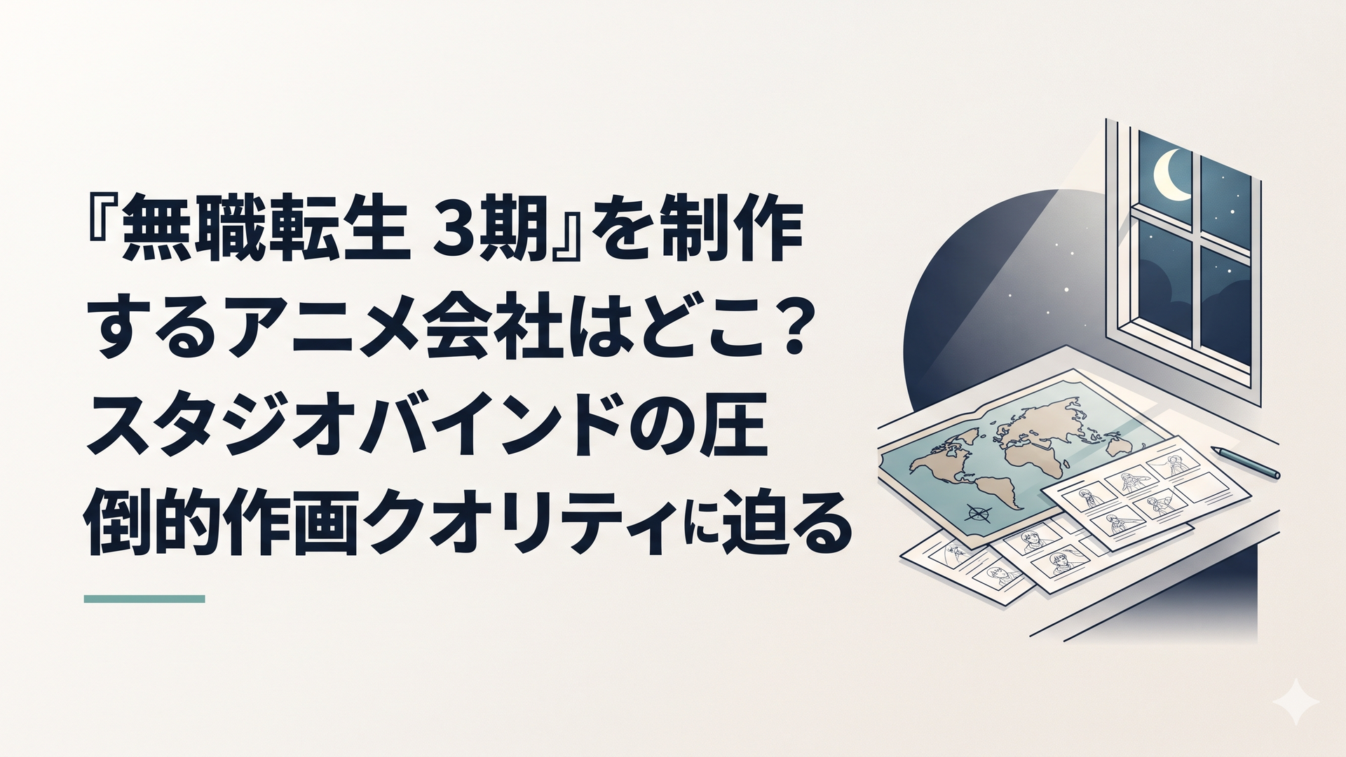 月明かりが差し込む静かな書斎で、机の上に広げられたファンタジー世界の地図と、精緻に描かれたアニメーションの原画。