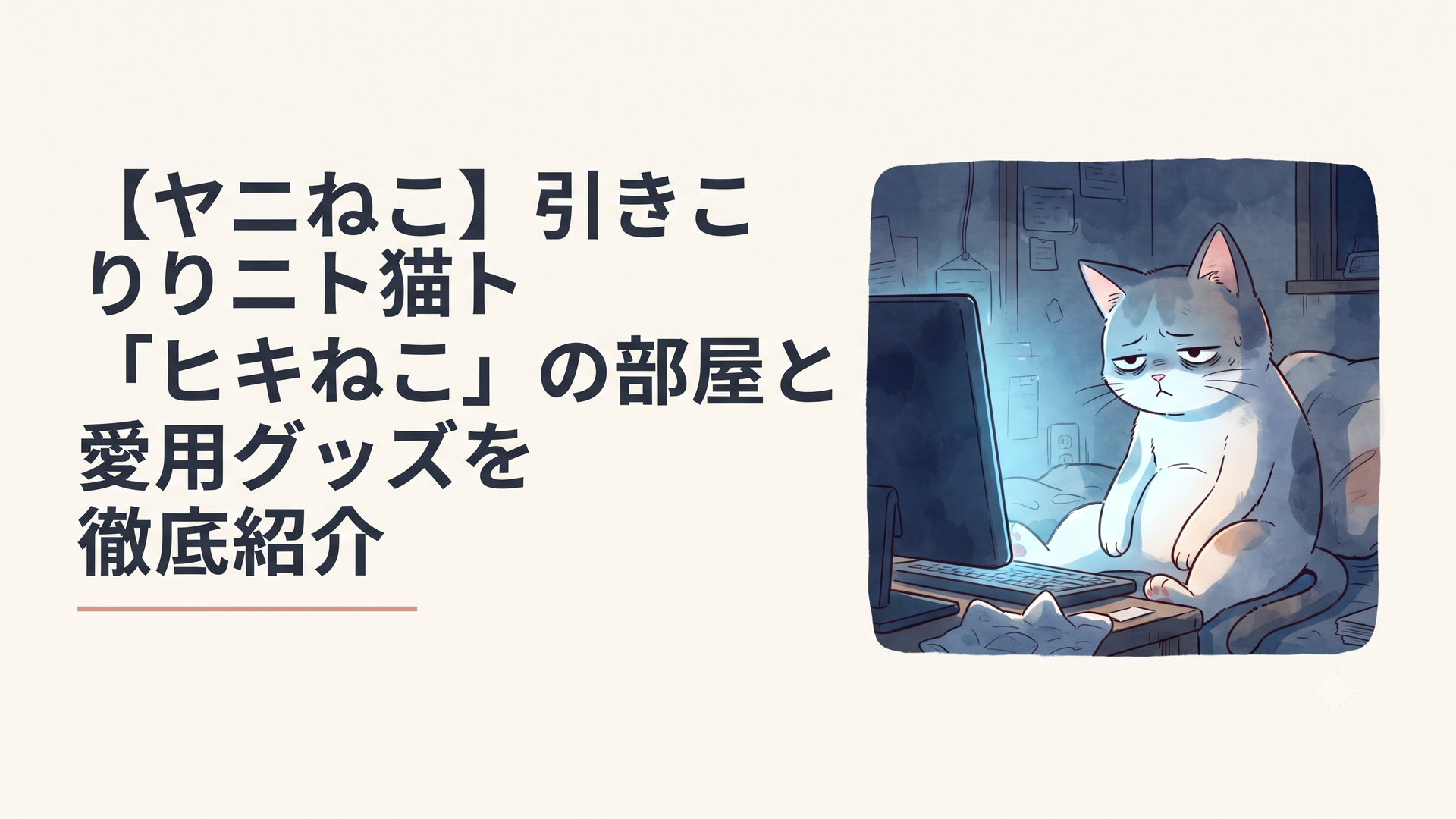 薄暗い部屋の中で、パソコンの光を浴びながら気だるげに佇むヒキねこのイラスト