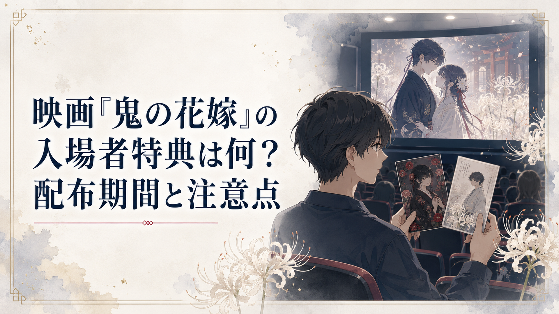 白い彼岸花を背景に二種類の特典カードと映画館のスクリーンを見比べる観客
