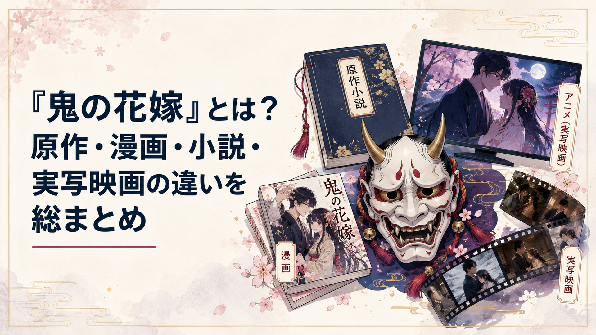 小説と漫画と映画フィルムとアニメ画面が鬼の面を中心に並ぶ和風恋愛ファンタジーの情景