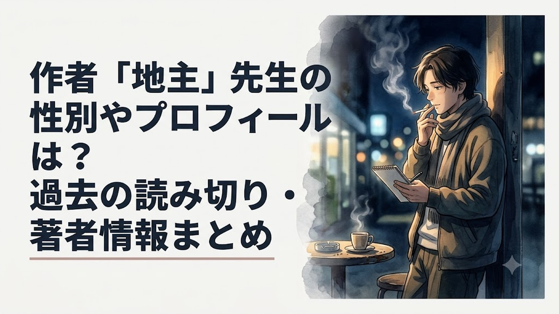煙草の煙が静かに立ち上る夜の喫煙所で、どこかミステリアスな雰囲気を纏いながら佇む漫画家・地主先生の執筆世界をイメージした叙情的なカット
