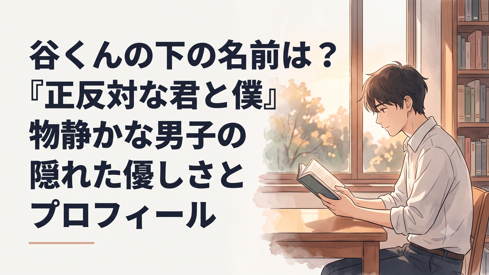 図書室の窓際で静かに本を読み、柔らかな光に包まれる谷悠介の横顔