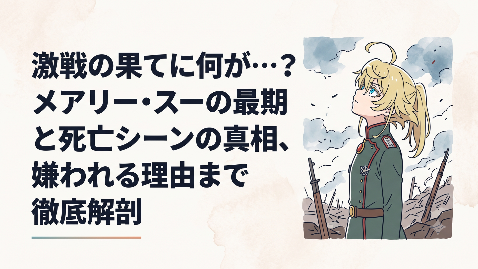 『幼女戦記』の壮絶な戦場で、憎悪の炎を宿した瞳で戦空を見上げるメアリー・スーの姿